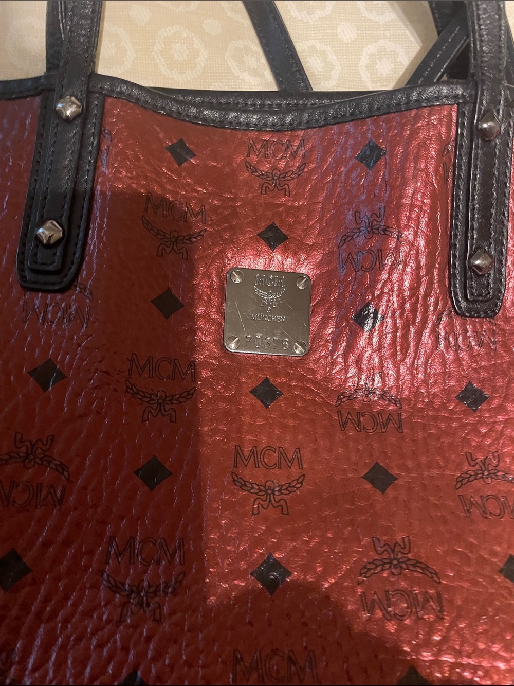 MCM Metallic Red Visetos Monogram Tote with Black Trim and Pouch - Picture 10 of 10